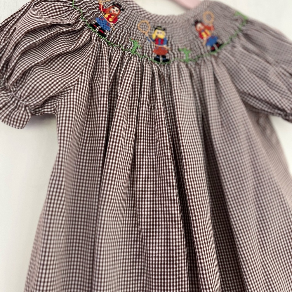 Silly Goose Smocked Cowgirls Brown White Gingham Plaid Dress Size 12 Months - Picture 4 of 16